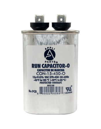 Appli Parts Run Capacitor for ac 15 Mfd uF (microfarads) 370 VAC or 450 VAC CBB65 Oval Universal fit for hvac and other applications 3-1/2in H 1-3/8in W 2-1/8in L CON-15-450-O