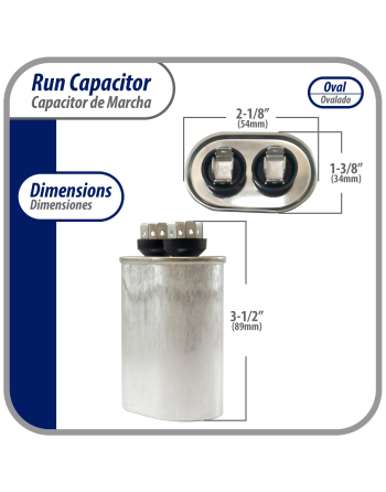 Appli Parts Run Capacitor for ac 15 Mfd uF (microfarads) 370 VAC or 450 VAC CBB65 Oval Universal fit for hvac and other applications 3-1/2in H 1-3/8in W 2-1/8in L CON-15-450-O