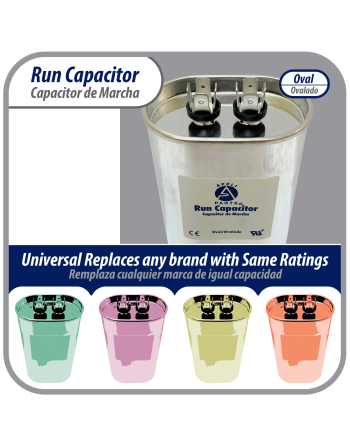 Appli Parts Run Capacitor for ac 15 Mfd uF (microfarads) 370 VAC or 450 VAC CBB65 Oval Universal fit for hvac and other applications 3-1/2in H 1-3/8in W 2-1/8in L CON-15-450-O
