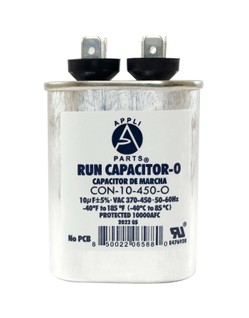 Appli Parts Run Capacitor for ac 10 Mfd uF (microfarads) 370 VAC or 450 VAC CBB65 Oval Universal fit for hvac and other applications 3-1/8in H 1-3/8in W 2-1/8in L  CON-10-450-O