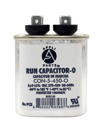 Appli Parts Run Capacitor for ac 5 Mfd uF (microfarads) 370 VAC or 450 VAC CBB65 Oval Universal fit for hvac and other applications 2-3/4in H 1-3/8in W 2-1/8in L CON-5-450-O