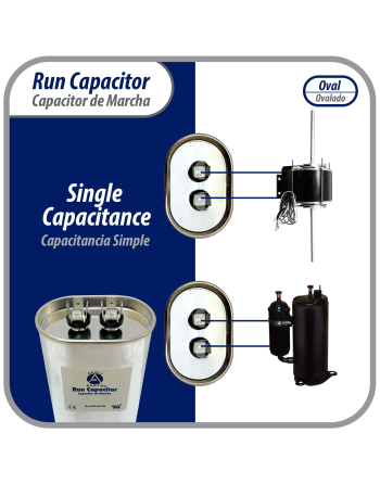 Appli Parts Run Capacitor for ac 5 Mfd uF (microfarads) 370 VAC or 450 VAC CBB65 Oval Universal fit for hvac and other applications 2-3/4in H 1-3/8in W 2-1/8in L CON-5-450-O