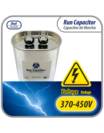 Appli Parts Run Capacitor for ac 5 Mfd uF (microfarads) 370 VAC or 450 VAC CBB65 Oval Universal fit for hvac and other applications 2-3/4in H 1-3/8in W 2-1/8in L CON-5-450-O