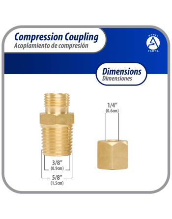 Appli Parts Brass 1/4 inch Compression Fitting reduction coupling for in line water filter with Male 3/8 inch NPT connection for Copper or PVC tubing APWF-100BC