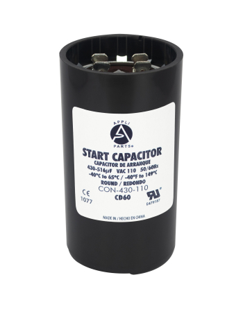 Appli Parts motor start capacitor 430-516 Mfd (microfarads) uF 110-125VAC universal fit for electric motor applications 1-3/4 in Wide 3-3/8 in Height CON-430-110
