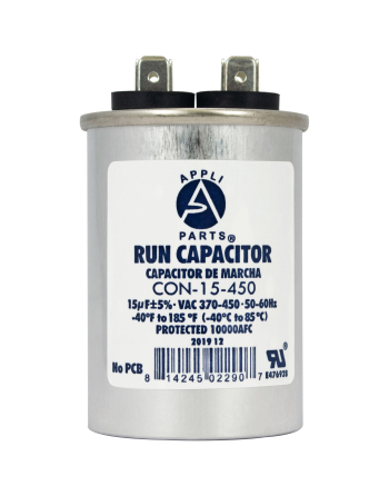 Appli Parts Run Capacitor for ac 15 Mfd uF (microfarads) 370 VAC or 450 VAC CBB65 Round Universal fit for hvac and other applications 3 in High 1-5/8 in Wide CON-15-450