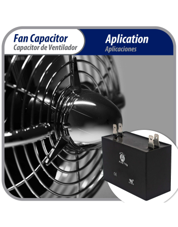 Appli Parts Fan motor Capacitor 1.5 mfd (microfarads) uf 450VAC CBB61 with 4 Terminal connections universal fit for electric fan applications  1-3/8in Width 1/2in Depth 1-1/4in Height CAP-1.5-450