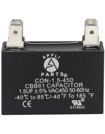 Appli Parts Fan motor Capacitor 1.5 mfd (microfarads) uf 450VAC CBB61 with 4 Terminal connections universal fit for electric fan applications  1-3/8in Width 1/2in Depth 1-1/4in Height CAP-1.5-450