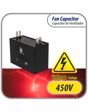 Appli Parts Fan motor Capacitor 1.5 mfd (microfarads) uf 450VAC CBB61 with 4 Terminal connections universal fit for electric fan applications  1-3/8in Width 1/2in Depth 1-1/4in Height CAP-1.5-450