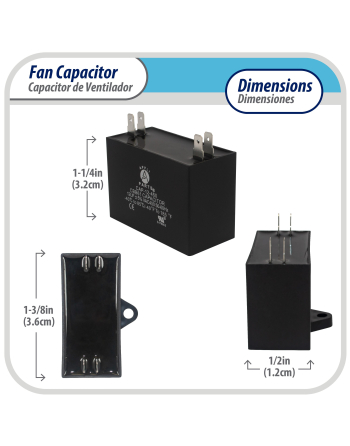Appli Parts Fan motor Capacitor 1.5 mfd (microfarads) uf 450VAC CBB61 with 4 Terminal connections universal fit for electric fan applications  1-3/8in Width 1/2in Depth 1-1/4in Height CAP-1.5-450