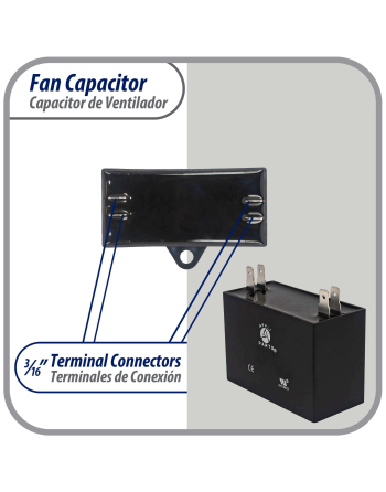 Appli Parts Fan motor Capacitor 1.5 mfd (microfarads) uf 450VAC CBB61 with 4 Terminal connections universal fit for electric fan applications  1-3/8in Width 1/2in Depth 1-1/4in Height CAP-1.5-450