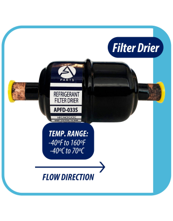 Appli Parts liquid line refrigerant ac filter dryer hvac refrigeration 033S 3/8 in ODF sweat solder connection universal unidirectional 4-1/2 in long 1-3/4 in wide APFD-033S


