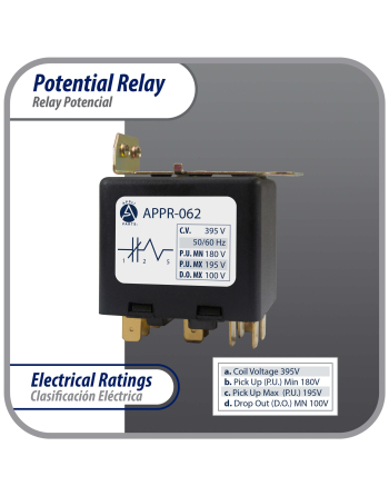 Appli Parts Potential Relay 062 Coil Voltage 395V Min Pick up 180V Max Pick up 195V Max Drop Out 100V 50/60 Hz Universal replacement for HVAC and Refrigeration units APPR-062