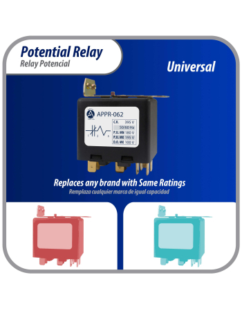 Appli Parts Potential Relay 062 Coil Voltage 395V Min Pick up 180V Max Pick up 195V Max Drop Out 100V 50/60 Hz Universal replacement for HVAC and Refrigeration units APPR-062