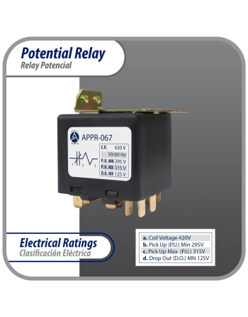 Appli Parts Potential Relay 067 Coil Voltage 420V Min Pick up 295V Max Pick up 315V Max Drop Out 125V 50/60 Hz Universal replacement for HVAC and Refrigeration units APPR-067