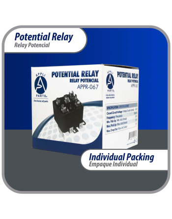 Appli Parts Potential Relay 067 Coil Voltage 420V Min Pick up 295V Max Pick up 315V Max Drop Out 125V 50/60 Hz Universal replacement for HVAC and Refrigeration units APPR-067