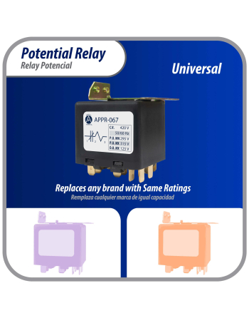Appli Parts Potential Relay 067 Coil Voltage 420V Min Pick up 295V Max Pick up 315V Max Drop Out 125V 50/60 Hz Universal replacement for HVAC and Refrigeration units APPR-067