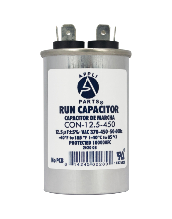 Appli Parts Run Capacitor for ac 12.5 Mfd uF (microfarads) 370 VAC or 450 VAC CBB65 Round Universal fit for hvac and other applications 3 in High 1-1/2 in Wide CON-12.5-450
