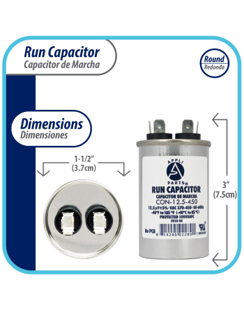 Appli Parts Run Capacitor for ac 12.5 Mfd uF (microfarads) 370 VAC or 450 VAC CBB65 Round Universal fit for hvac and other applications 3 in High 1-1/2 in Wide CON-12.5-450
