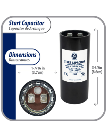Appli Parts motor start capacitor 108-130 Mfd (microfarads) uF 330VAC universal fit for electric motor applications 1-7/16 in Wide 3-3/8 in Height CON-108-330
