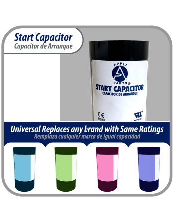 Appli Parts motor start capacitor 108-130 Mfd (microfarads) uF 330VAC universal fit for electric motor applications 1-7/16 in Wide 3-3/8 in Height CON-108-330
