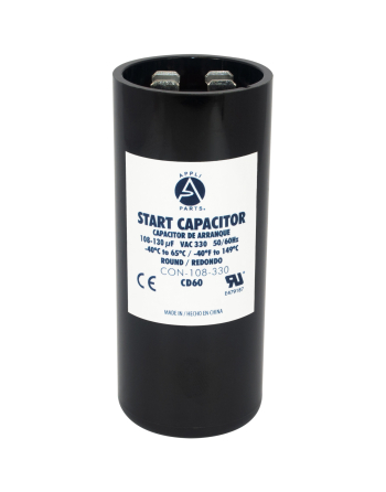 Appli Parts motor start capacitor 108-130 Mfd (microfarads) uF 330VAC universal fit for electric motor applications 1-7/16 in Wide 3-3/8 in Height CON-108-330
