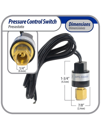 Appli Parts Pressure control switch Hi Open 550 psi Close 450 psi 39-3/8in cable SPST 1/4in female connection Automatic Reset universal air conditioning applications APPS-550450