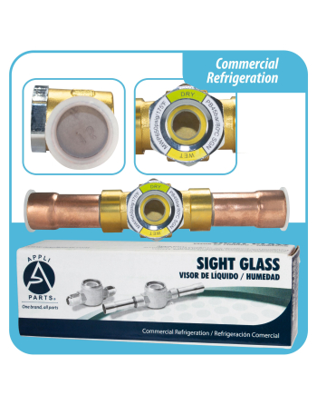 Appli Parts Sight Glass liquid moisture indicator with 3/4 x 3/4 in ODF Solder connections take-apart body type suitable for CFC HCFC HFC refrigerants APSG-34S