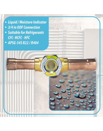 Appli Parts Sight Glass liquid moisture indicator with 3/4 x 3/4 in ODF Solder connections take-apart body type suitable for CFC HCFC HFC refrigerants APSG-34S