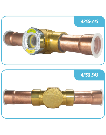Appli Parts Sight Glass liquid moisture indicator with 3/4 x 3/4 in ODF Solder connections take-apart body type suitable for CFC HCFC HFC refrigerants APSG-34S