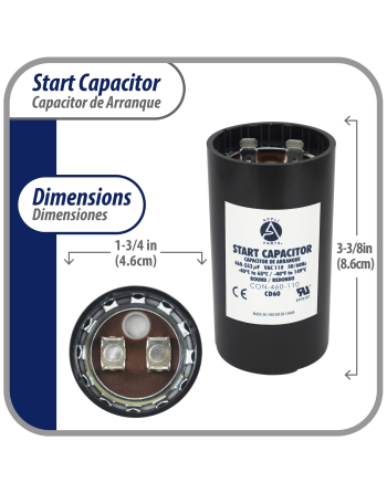 Appli Parts motor start capacitor 460-553 Mfd (microfarads) uF 110-125VAC universal fit for electric motor applications 1-3/4 in Wide 3-3/8 in Height CON-460-110


