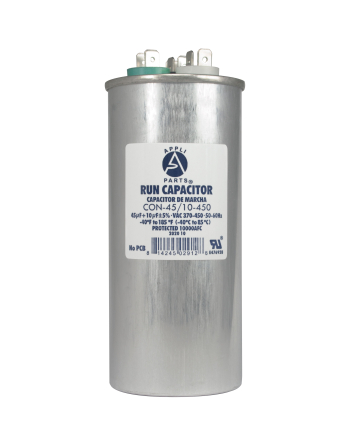 Appli Parts Dual Run Capacitor for ac 45+10 Mfd uF (microfarads) 370 VAC or 450 VAC Round Universal fit for hvac and other applications 5-3/8 in High 2-1/8 in Wide CON-45/10-450
