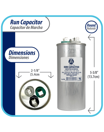 Appli Parts Dual Run Capacitor for ac 45+10 Mfd uF (microfarads) 370 VAC or 450 VAC Round Universal fit for hvac and other applications 5-3/8 in High 2-1/8 in Wide CON-45/10-450
