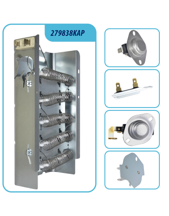 279838 Appli Parts dryer Heater Element 279838KAP KIT: 279838 dryer heating element, 3977767 thermostat, 3387134 thermostat, 3392519 thermal fuse, 3977393 thermal fuse replacements
