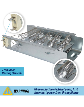 279838 Appli Parts dryer Heater Element 279838KAP KIT: 279838 dryer heating element, 3977767 thermostat, 3387134 thermostat, 3392519 thermal fuse, 3977393 thermal fuse replacements
