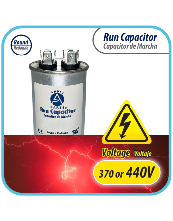 Appli Parts Run Capacitor for ac 5 Mfd uF (microfarads) 370 VAC or 450 VAC CBB65 Round Universal fit for hvac and other applications 2-1/2 in High 1-1/2 in Wide CON-5-450
