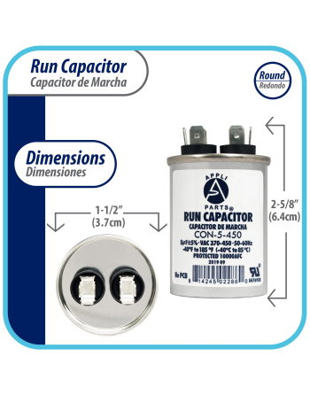 Appli Parts Run Capacitor for ac 5 Mfd uF (microfarads) 370 VAC or 450 VAC CBB65 Round Universal fit for hvac and other applications 2-1/2 in High 1-1/2 in Wide CON-5-450
