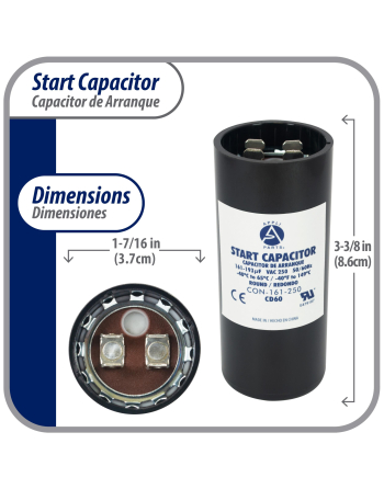 Appli Parts motor start capacitor 161-193 Mfd (microfarads) uF 250VAC universal fit for electric motor applications 1-7/16 in Wide 3-3/8 in Height CON-161-250

