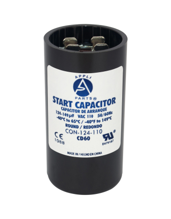 Appli Parts motor start capacitor 124-149 Mfd (microfarads) uF 110-125VAC universal fit for electric motor applications 1-7/16 in Diameter 2-3/4 in Height CON-124-110

