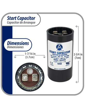 Appli Parts motor start capacitor 124-149 Mfd (microfarads) uF 110-125VAC universal fit for electric motor applications 1-7/16 in Diameter 2-3/4 in Height CON-124-110

