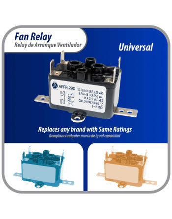 90-290 Appli Parts Heavy Duty Switching Fan Relay 24 VAC Coil SPST Normally Open AC and heating Furnace blower relay Universal fit multi position bracket APFR-290