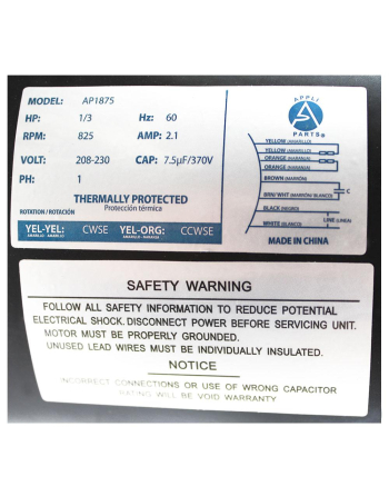 Fan Motor "Vertical Condenser" Type 1/3hp 230v 60hz 2.9a 825rpm 7.5mfd/370vac Revers Ballb 1sft Ul E486336 Appli Parts Apfm-1875
Ref. 1875 / 3205