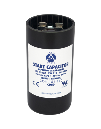 Appli Parts motor start capacitor 161-193 Mfd (microfarads) uF 110-125VAC universal fit for electric motor applications 1-7/16 in Diameter 2-3/4 in Height CON-161-110
