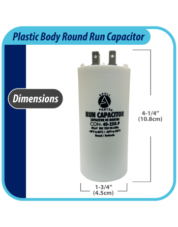 Appli Parts Run Capacitor for electric motors 40 Mfd uF (microfarads) 250VAC Plastic Case with terminals CBB60 Round Universal fit water pumps and others 4-1/4 in High 1-3/4 in Wide CON-40-250-P