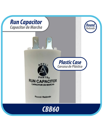 Appli Parts Run Capacitor for electric motors 40 Mfd uF (microfarads) 250VAC Plastic Case with terminals CBB60 Round Universal fit water pumps and others 4-1/4 in High 1-3/4 in Wide CON-40-250-P