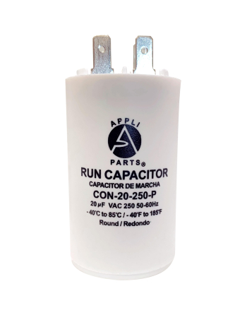 Appli Parts Run Capacitor for electric motors 20 Mfd uF (microfarads) 250VAC Plastic Case with terminals CBB60 Round Universal fit water pumps and others 3-1/8 in High 1-5/8 in Wide CON-20-250-P