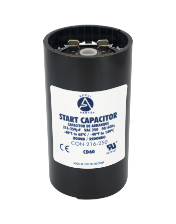 Appli Parts motor start capacitor 216-259 Mfd (microfarads) uF 250VAC universal fit for electric motor applications 1-3/4 in Wide 3-3/8 in Height CON-216-250

