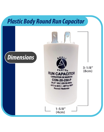 Appli Parts Run Capacitor for electric motors 20 Mfd uF (microfarads) 250VAC Plastic Case with terminals CBB60 Round Universal fit water pumps and others 3-1/8 in High 1-5/8 in Wide CON-20-250-P