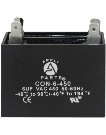 Appli Parts Fan Capacitor 6 mfd (microfarads) uf 450 VAC 4 Terminal Connections compatible with any brand within the same range of capacitance 1-7/8in Width 7/8in Depth 1-3/4in Height CAP-6-450