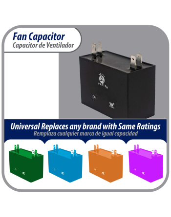 Appli Parts Fan Capacitor 6 mfd (microfarads) uf 450 VAC 4 Terminal Connections compatible with any brand within the same range of capacitance 1-7/8in Width 7/8in Depth 1-3/4in Height CAP-6-450